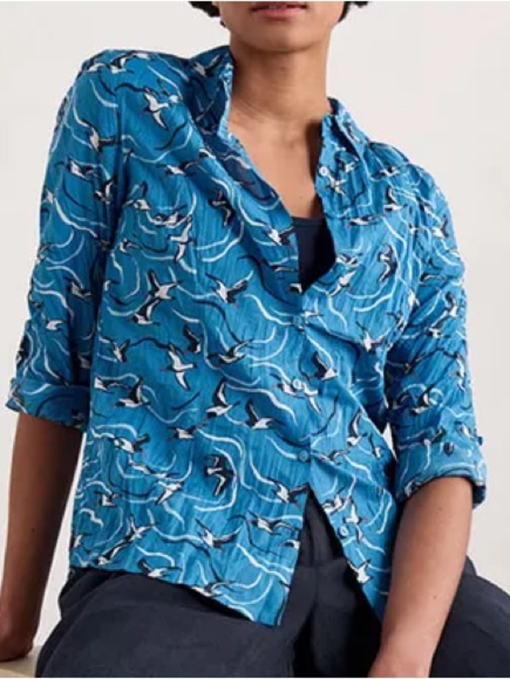 SEASALT Cornwall Blue River Birds Button The Larissa Shirt Organic Cotton US 14